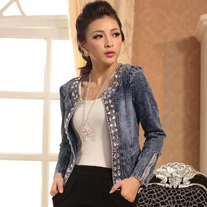 Retro Stretch Denim Jacket with Rhinestone Sequins for Spring and Autumn