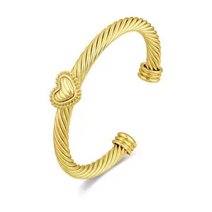Aprilery Elegance Twisted Cable Cuff Jewelry – Gold-Tone Adjustable Bracelet for Women Heart Styling Hypoallergenic