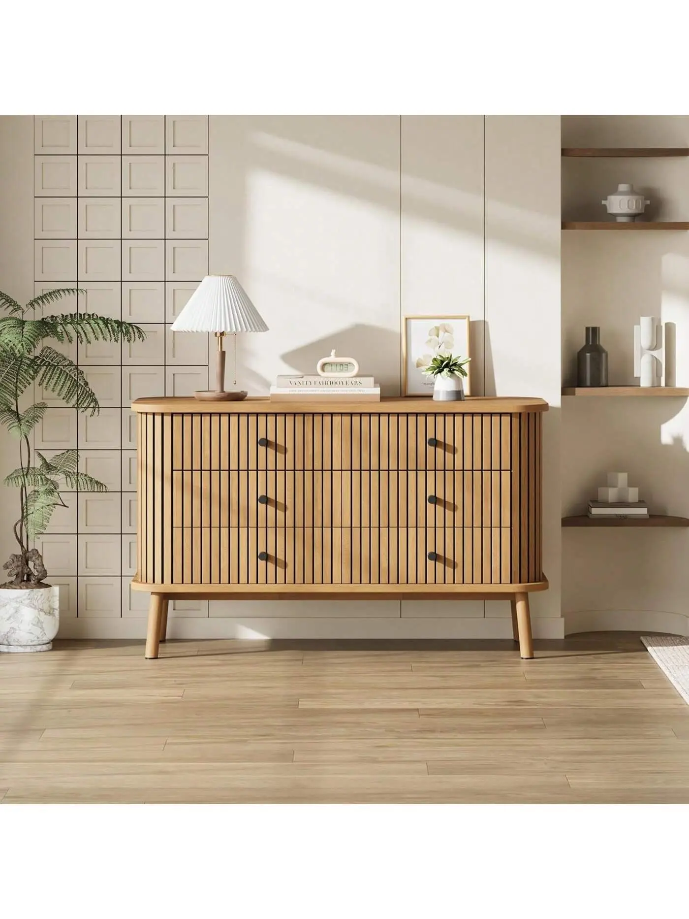 WhizMax 6-Drawer Horizontal Dresser - Mid-Century MDF Wood Bamboo-Look Wooden Structure Furniture with Black Handles, Wooden-Legged Multi-Drawer Furniture Set for Bedroom, Closet, Apartment Decor, Furniture For Apartment