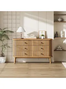 WhizMax 6-Drawer Horizontal Dresser, Mid-Century Wooden-Legged Storage Organizer with Black Handles, 6-Drawer Capacity Furniture for Bedroom, Closet