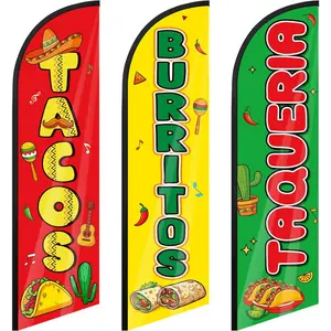 3 Pcs Tacos Burritos Feather Flag 7.9 ft Mexican Food Swooper Flag Mexican Restaurant Flags Banner Signs Business Advertising for Markets Restaurant Store