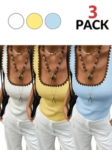 3-Pack Women's Slim Fit Square Neck Sleeveless Tank Tops, Casual Everyday Summer Wear, Soft Knit Fabric, Shell Embroidery, Multi-Color Options