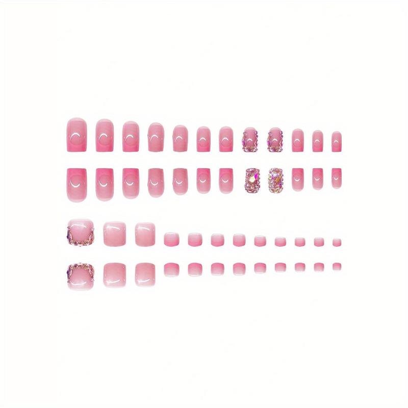 [Fashionable Nail Kit] 2 Pack 48PCS Handmade Pressing Nail and Toe Nail Set |   Pink Square Nails with 3D Rhinestones, Glossy French Pointed Design, Fashionable Nail Kit for Women