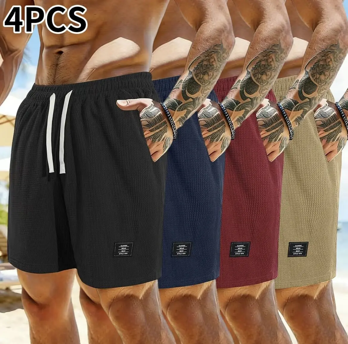 Pack of 4 corduroy shorts, solid color, men’s casual shorts with side pockets and a drawstring elastic waistband, suitable for everyday wear and vacations, beige, men’s shorts, Menswear, Set