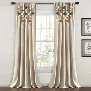 Lush Decor Boho Pom Pom Tassel Faux Linen Window Curtain Panel Single 52"W x 63"L/84"L/95L with Detachable Strings & 3" Rod Pocket for Boho & Glam Decor