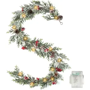 6 FT Christmas Garland with Lights - Pre-Lit Artificial Christmas Garland, Flocked Garland with Red Berries Pine Cones for Decoration, Mantle Stairs Railing  Xmas Decoration Indoor
