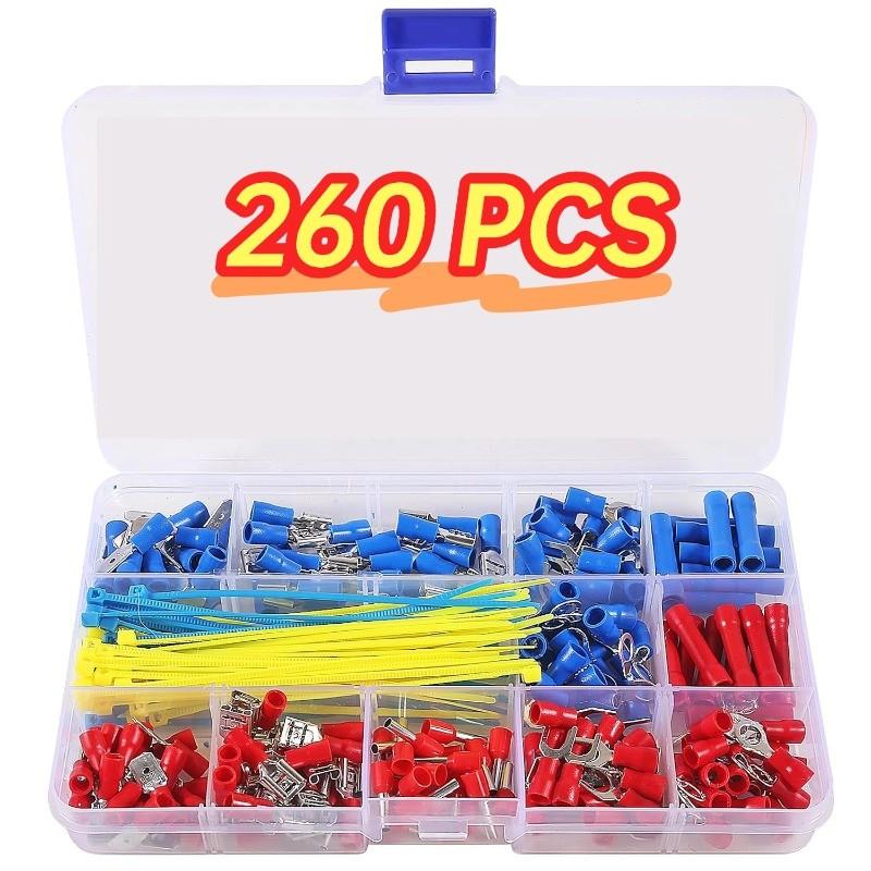 260PCS Crimp Connectors and Terminals Kit Heat Shrink Assorted Full Insulated Wire Insulated Electrical Connector Assorted Spade Ring Fork Assortment Kit