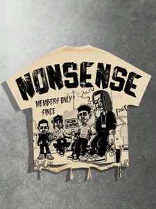 Nonsense slogan unisex casual loose-fit T-shirt with distressed streetwear, European and American style shirt for men, rapper cartoon print short-sleeved summer music fashion Y2K style men's T-shirt