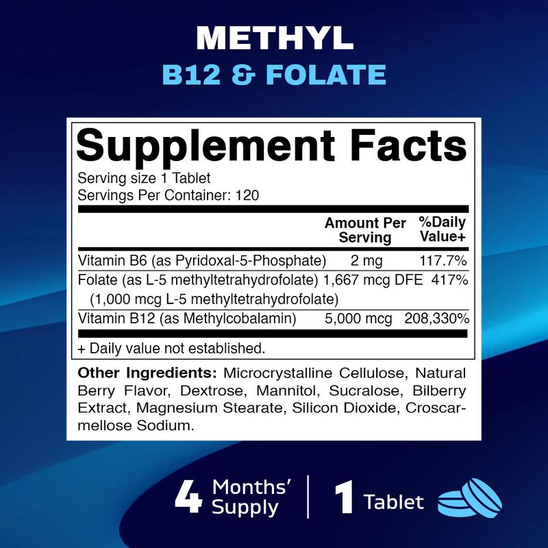 Vitamatic Methyl Folate & B12 Supplement with Pyridoxal 5 Phosphate (P-5-P) - 120 Fast Dissolve Tablets
