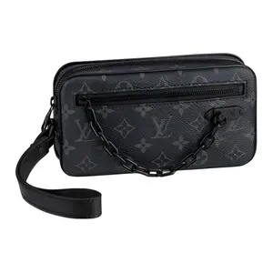 Louis Vuitton Pochette Volga Handbag for Men – Classic Monogram Coated Canvas and Leather, Detachable Wrist Strap, Black