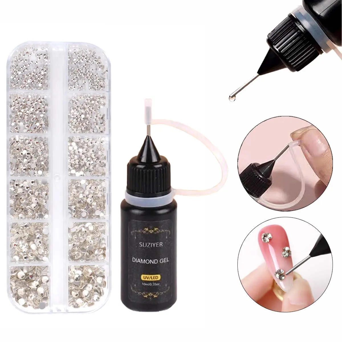 12-Grids Rhinestone Decor Nail Art Glue Set, 1 Set Clear Nail Art Decoration Glue with Glitter Rhinestones, Nail Art & Nail Polish Accessories, Nail Art Supplies, DIY Nail Kit for Women & Girls, Rhinestone Gel