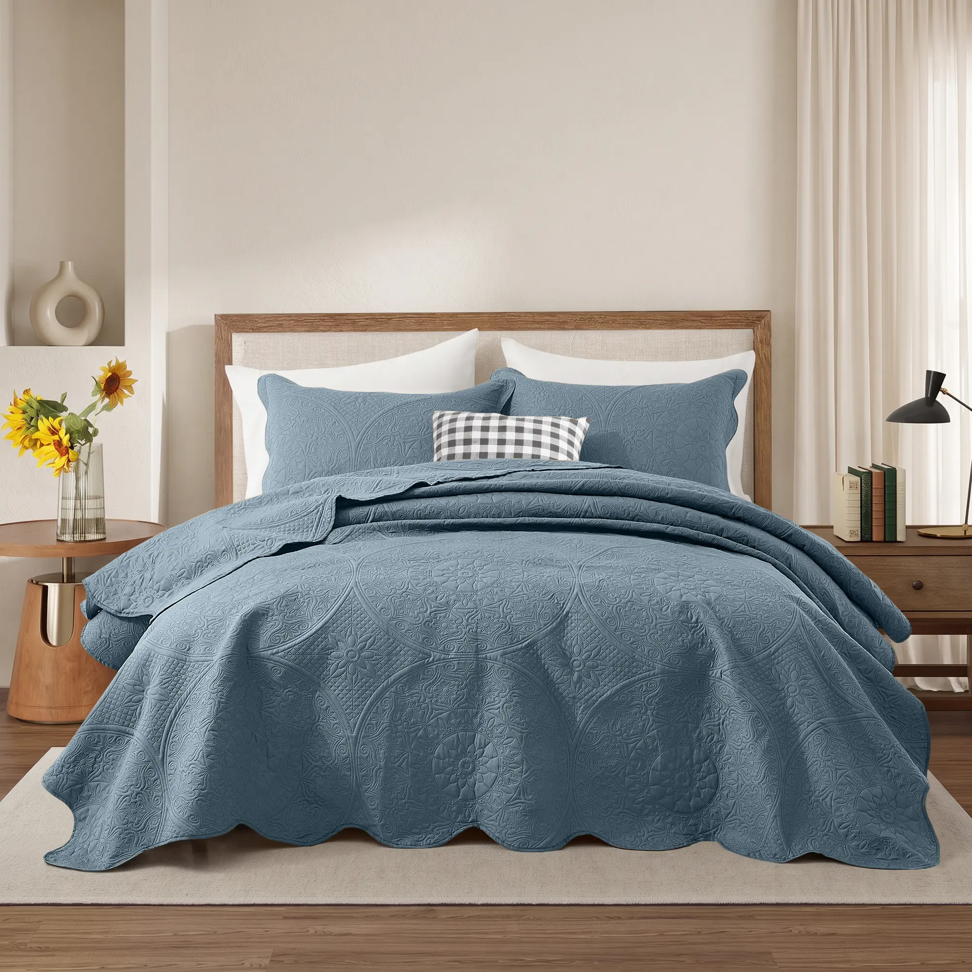 Oxford Homeware Floral Ultrasonic Quilt Set –  Soft 1500 TC Microfiber Bedspread Set with Pillow Sham(s), Lightweight, Wrinkle Resistant, Machine Washable, available in Twin/Full Queen/King/California King Sizes