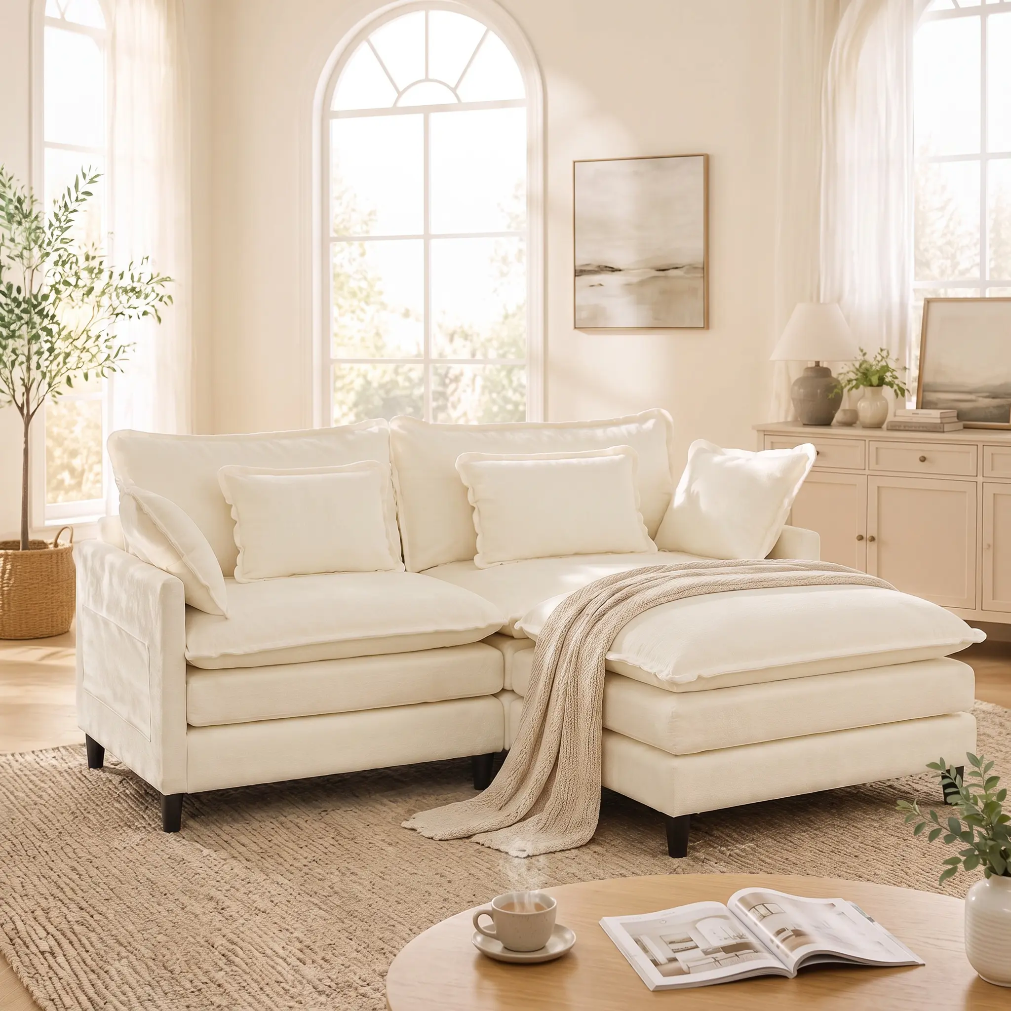 STHOUYN  75" Modular Cloud Sofa with Movable Ottoman, L-Shaped Sectional Loveseat Sofa, Chenille Upholstered Deep Seat Couch, Double Layer Cushion High Resilience Foam Sofa with 4 Removable Pillows for  Big/Small Space  Living Room Apartment