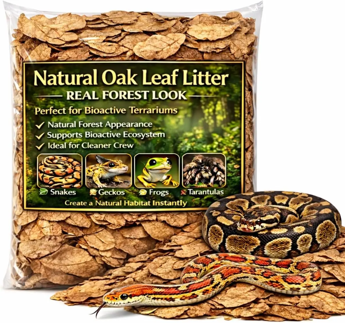 Dry Oak Leaf Litter for Reptiles – 5 oz Whole Natural Oak Leaves Substrate for Isopods & Bioactive Terrarium Forest Floor Habitat, Premium Enclosure Bedding