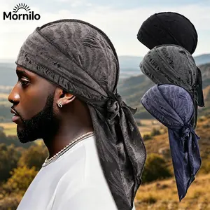 3Pcs Neutral Tones Distressed Ripped Durag for Black Men, Long Tail Tie Back Breathable Stretch Pirate Headwrap, Soft Comfortable Hair Protection Wave Cap for 360 Waves Sleep Daily Wear