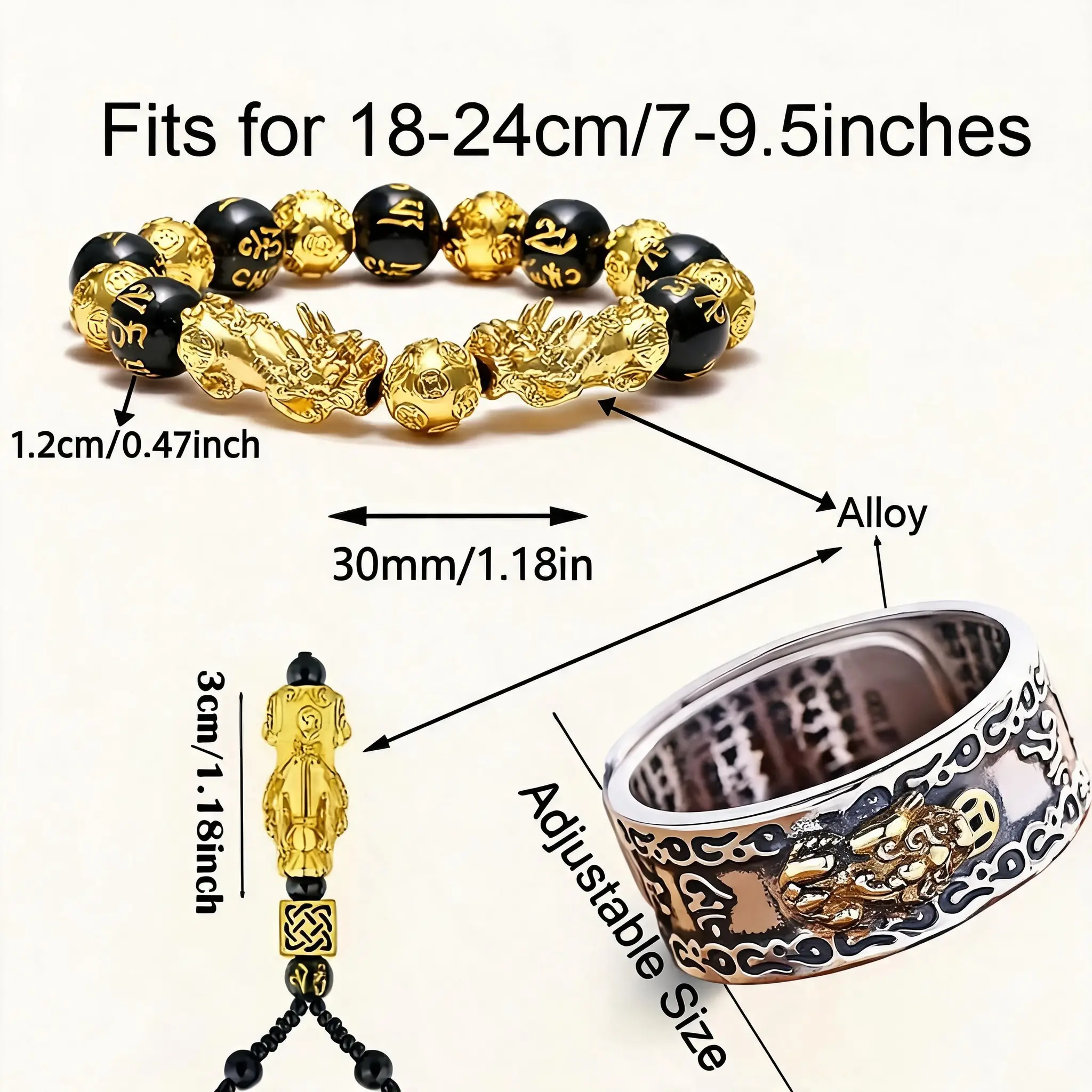 3-Piece Feng Shui Pixiu Jewelry Set – Beaded Stretch Bracelet, Adjustable Stainless Steel Pixiu Ring & Pixiu Pendant Necklace, Chinese Wealth Protection Amulet Talisman, Unisex Lucky Fortune Jewelry Gift for Men Women