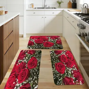 1/2/3pc Elegant Red Rose Floral Mat - Soft Polyester Rectangular Floor Mat with & Design, Machine Washable, Perfect for Bedroom, Living Room, Bathroom, Or Hallway Decor, Bedroom Mat |   Elegant Home Decor |   Durable Floor Mat, Perfect Mother's Day Gift