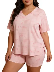 Brave-Luxe Summer Cooling Pajamas Set for Women, 2 Piece Oversized V Neck Loungewear with Stretchy High Waist Shorts Womenswear