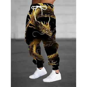 Men's Oriental Dragon Print Jogger Sweatpants With Drawstring, Casual Stylish Sporty Trousers As Gift