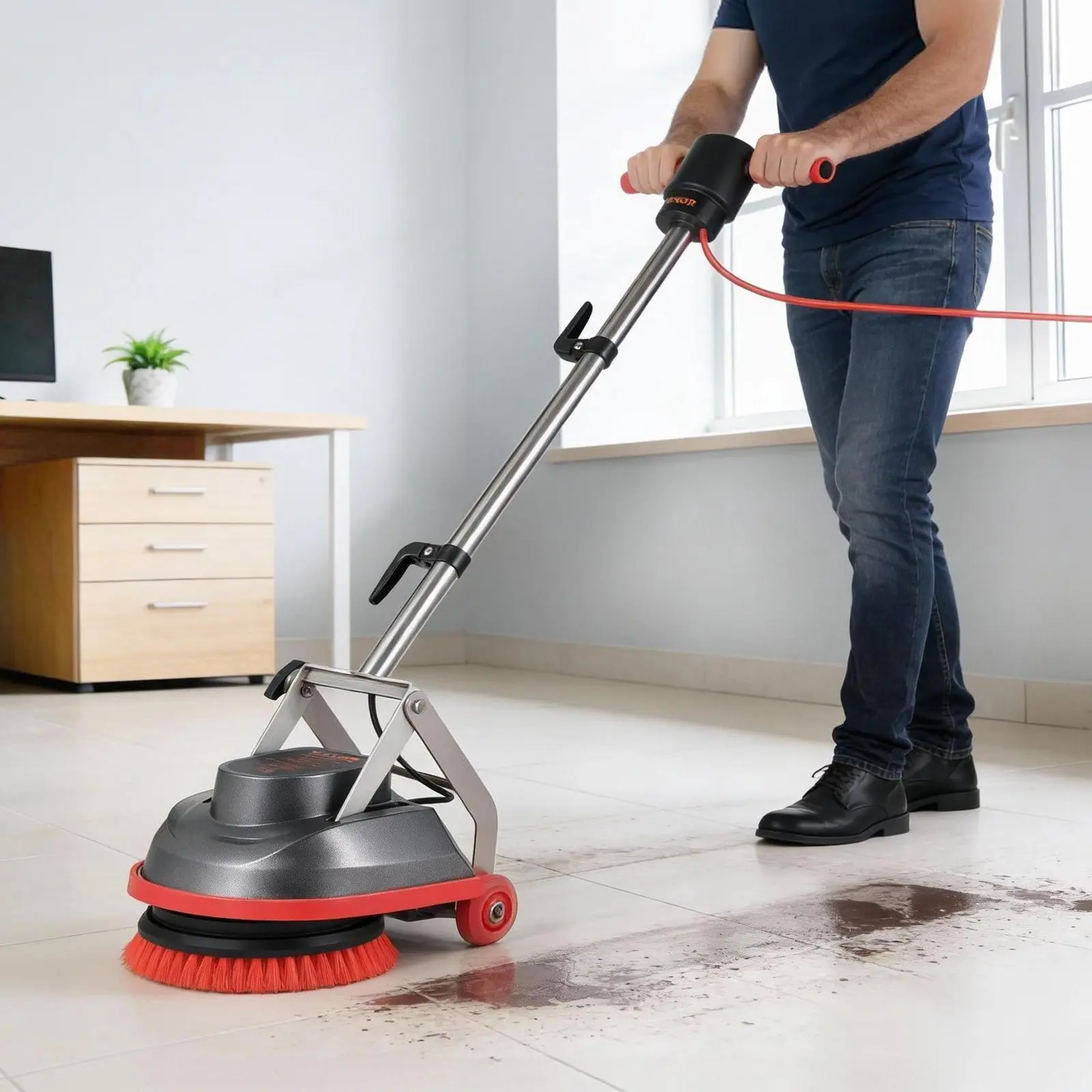 VEVOR Commercial Floor Scrubber Machine, Heavy Duty Floor Cleaner Polisher with 2 Wheels,  Professional Electric Carpet Buffer, Max 1900 RPM, 43 FT Cord, 3 Pads & 3 Brushes - All Floor Surfaces