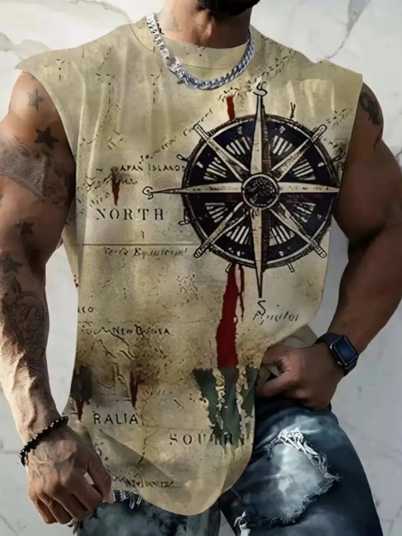 Men's Sleeveless Vest Vintage Compass and Map Print, Graphic Sleeveless, Casual Fitted Top, Summer Sleeveless Top, Athletic Tank Top, All over Print, All Seasons, No Ca Prop 65 Warning
