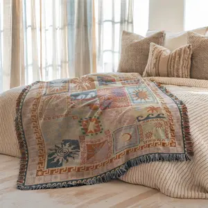 Multi-Function Tassel Woven Blanket Spliced Geometry  Pattern Bed Blanket, Also for Sofa Cover Couch Throw Blanket Armchair Home Decor Room Wall Art Tapestry Furniture Slipcover Tablecloth Shawl Outdoor Picnic Camping Beach Towel Office Nap Hippie