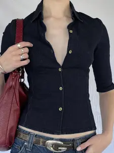Women's Casual Aesthetic Button Front Collar Shirt Blouse, Knit Imitation Denim Fabric, Slim-Fit Design, Perfect for Spring & Fall Seasons