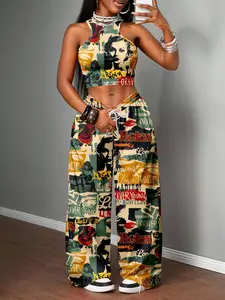 2 Piece Halter Neck Sleeveless Retro Vintage Print Crop Top & Wide Leg Pants Set Fashion Streetwear