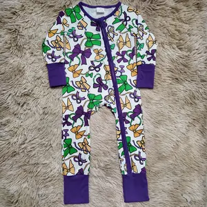 Purple green yellow bows Mardi Gras zipper sleeper baby girls romper