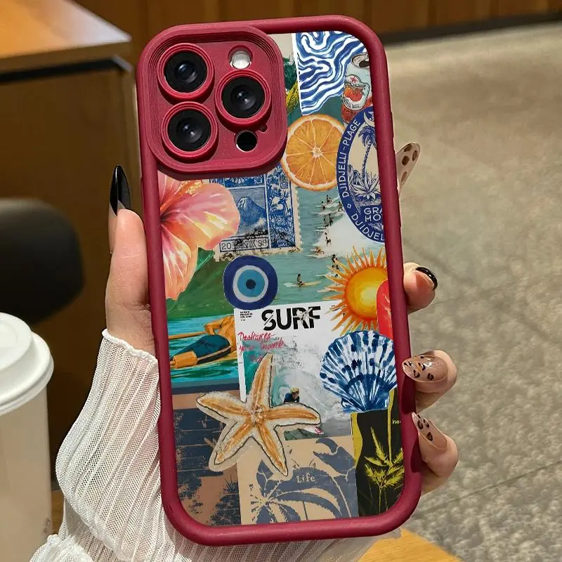 Beach vacation collage poster pattern phone case. Compatible with iPhone 17 Pro Max/16 Pro Max/15 Plus/14/13/12/11, TPU soft case. Compatible with Galaxy S26 Ultra/S25 Plus/S24/S23, Dopamine color. Compatible with Galaxy A54/A53/A33/A15.