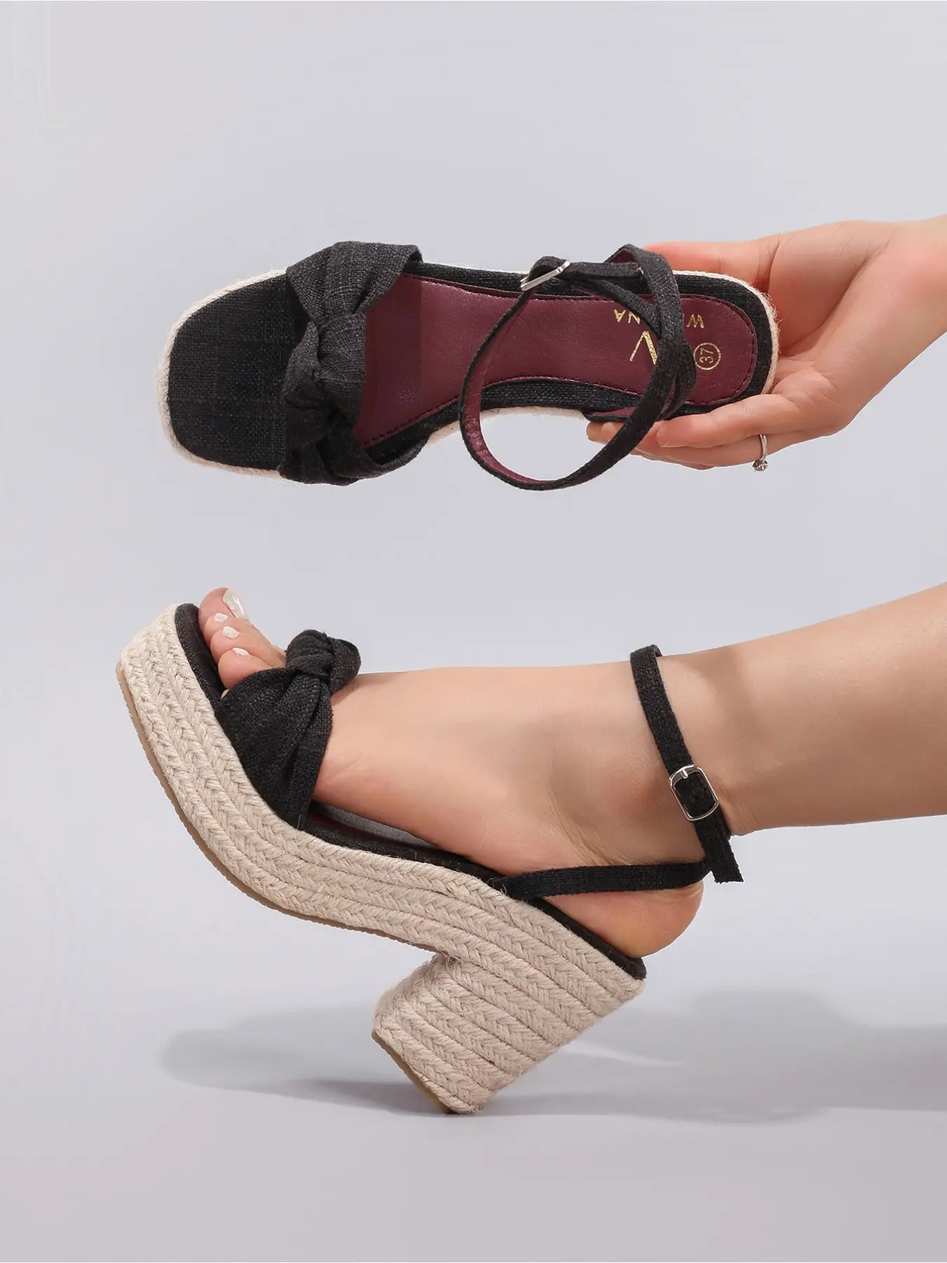 Hemp rope slope heel platform sandals women's woven straw rope kink word belt leisure summer vacation high heels European and American style, Boho style wedge, Bowknot design wedge Flatform Strappy High Heels
