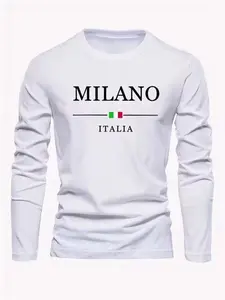 Men's Outdoor Casual Long Sleeve Fitted Graphic T-Shirt, Round Neck Fleece Lined Warm Base Layer, Polyester Elastane Blend