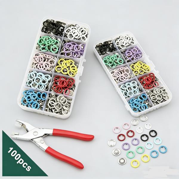 100PCS Metal Snap Buttons with Hand Press Pliers Set, Sewing Accessories Kit for DIY Clothing, Hats & Crafts, Seamless Fastener Tool Set