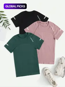 Women's Letter Print Raglan Sleeve Sports Tee, Round Neck Short Sleeve T-Shirt, Activewear T Shirt, Ladies Sportswear for Yoga Gym Workout