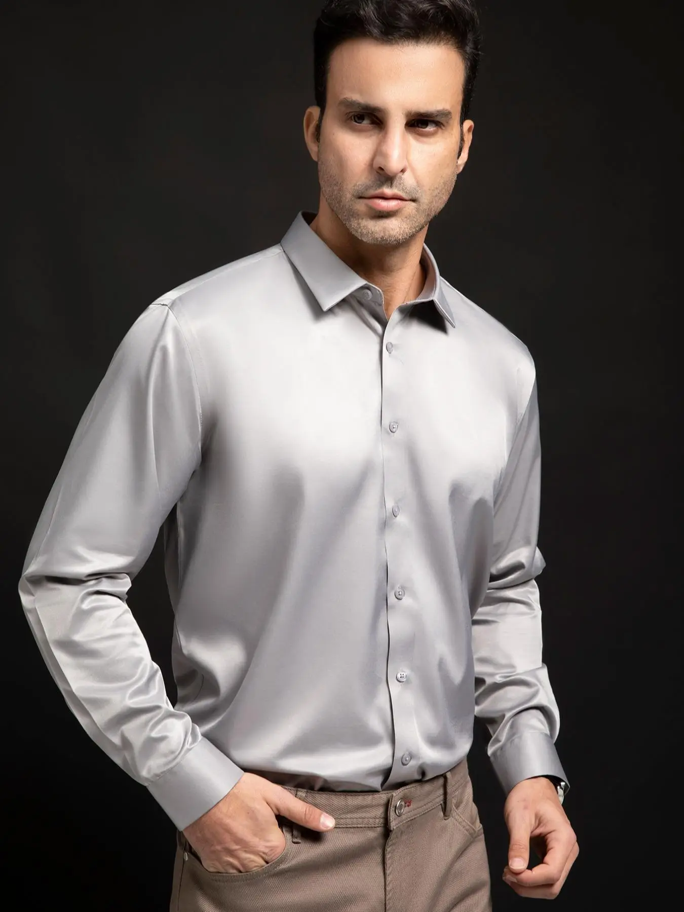 Men's Plain Button Down Shirt, Wrinkle-free Long Sleeve Collar Neck Formal Shirt, Ice Silk Dress Shirts for Men, Occupation Men's Clothing for Work Of