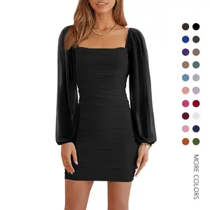Danedvi Women's Mesh Long Sleeve Square Neck Ruched Party Club Cocktail Bodycon Mini Dress Fit Elegant