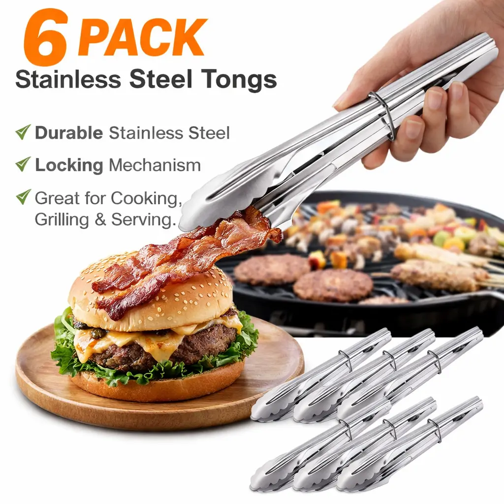 6-Pack 7-Inch Mini Stainless Steel Food Tongs with Sliding Ring - Silver Kitchen Utensil for Cheese, BBQ Cooking