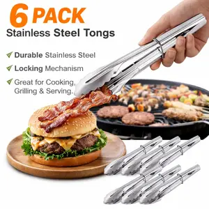 6 Pack Mini Stainless Steel Tongs – 7-Inch Sliding Ring Food Tongs, Small Clam Shell Serving Tongs for Appetizers Desserts Salads BBQ Cooking – Silver