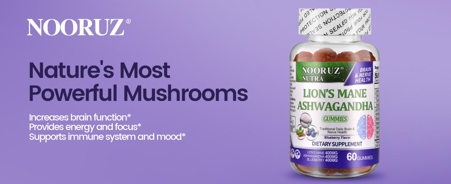 TikTokShopBlackFriday NOORUZ Ashwagandha & Lion's Mane & Blueberry Gummies Vegan Plant-Based Extracts/GMO-Free/Gluten-Free/Gelatin-Free Supports Cognitive and Memory Health Essential Minerals Supplement Essential Aminos Adaptogenic Mushrooms Healthcare