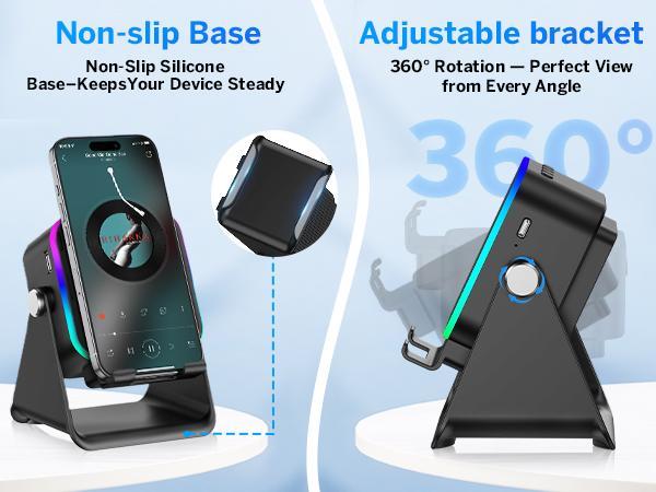 Wireless Induction Audio Speaker Stand, 5in1 Cellphone Holder, 3500mAh Rechargeable Emergency Power Bank, 360° Adjustable Mobile Tablet Stand with Colorful Ambient Light Gifts for Men Women, TikTokShopHolidayHaul
