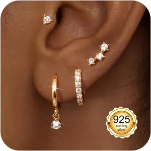 Milacolato Women's 4-Pair Hypoallergenic Stacking Earrings Set, 14 Karat Gold/Silver Plated, Dainty Small Stud Hoops for Multiple Piercings, Daily Wear, Hypoallergenic Earrings Set