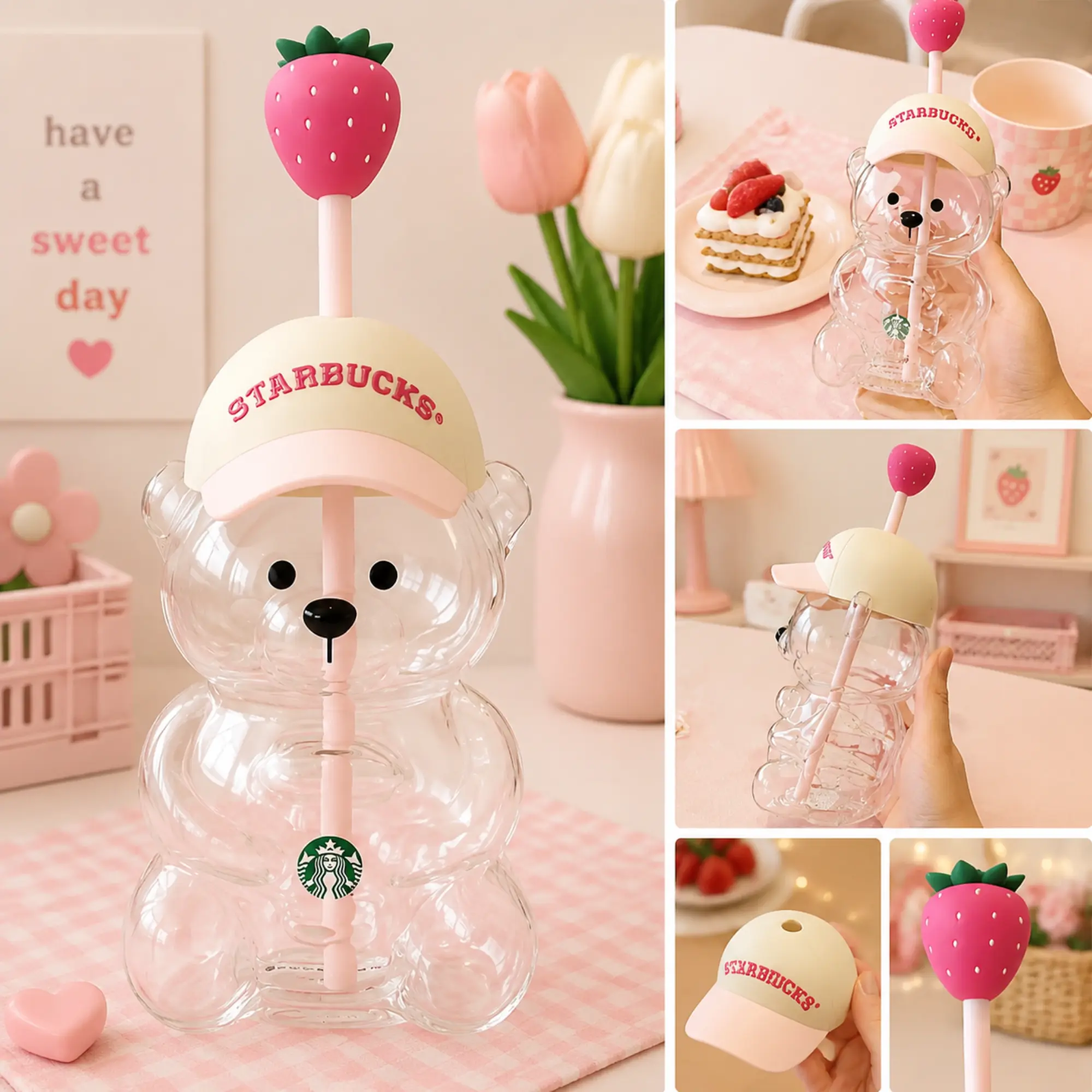 20oz Starbucks x KBO Bearista Strawberry Bear Cold Cup – Limited Collaboration Reusable Tumbler