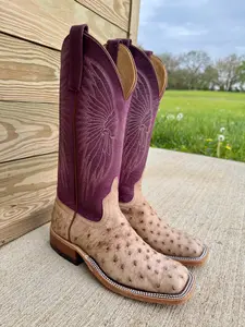 Anderson Bean Women's Tan Vintage Bruciato Full Quill Ostrich & 13” Purple Sangria Sinsation Top Square Toe Cowgirl Boots 360689