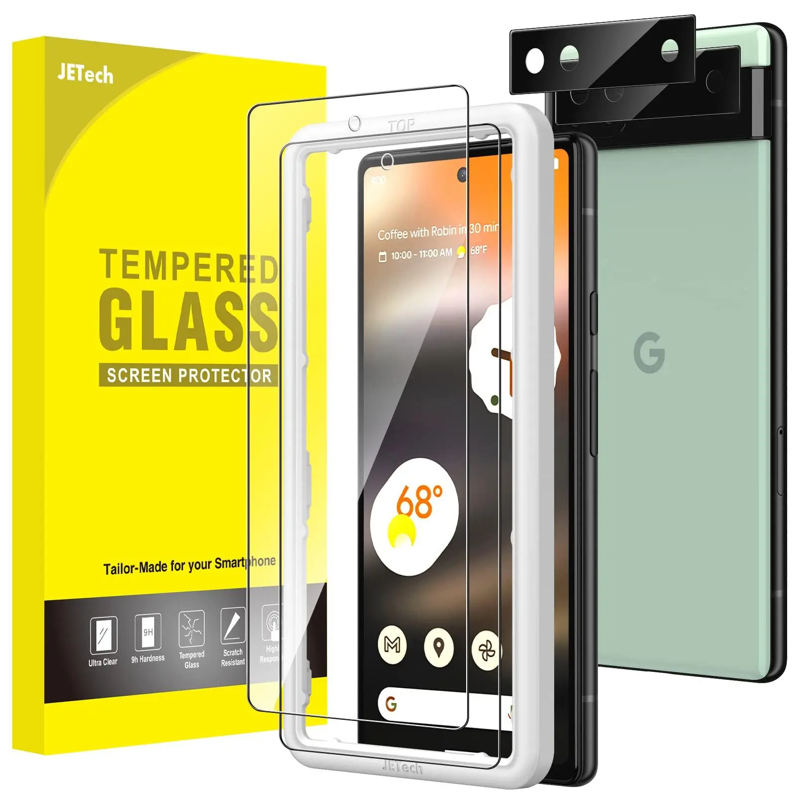 JETech Tempered Glass Smartphone Screen Protector & Lens Cover for Google Pixel 6a (6.1-in), 2-Pack Mobile Accessories with Easy Installation Tool, Fingerprint Compatibility, HD Space-Saving Protection