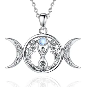 Dainty Triple Moon Goddess Necklace, S925 Sterling Silver Celestial Moon Phases Pendant, Full Moon Pentacle, Spiritual jewelry for Pagans