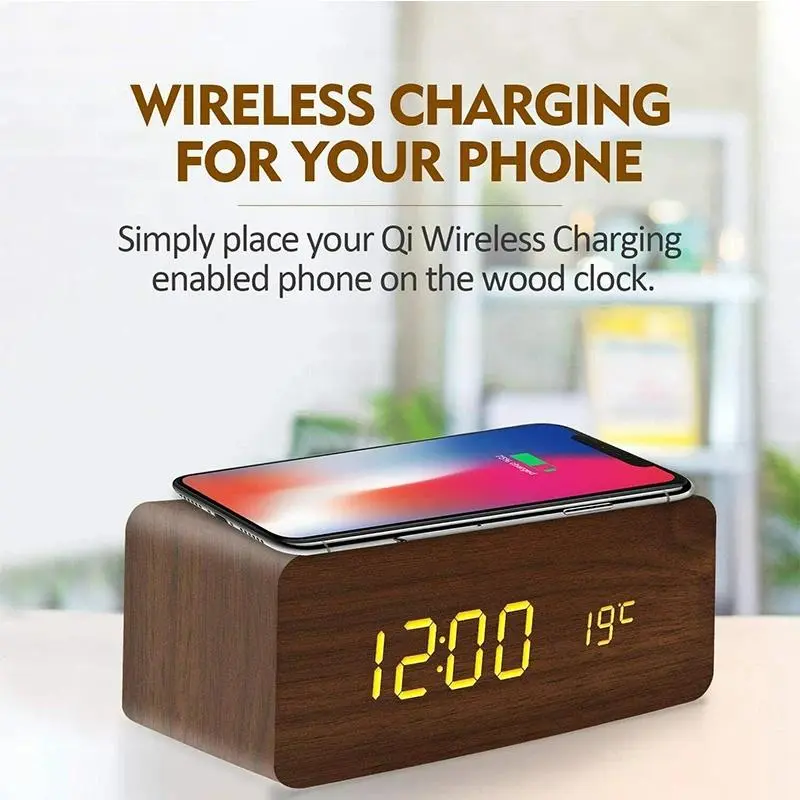 Modern Wooden Digital Alarm Clock with Wireless Charging | Minimalist LED Desk Clock with Smart Voice Control, Temperature & 3 Alarms | Aesthetic Home Office Decor