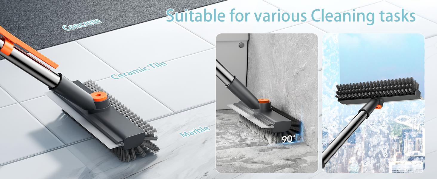 AIR U 3-in-1 Floor Scrub Bathtub Brush with Long Handle, Double-Sided, Heavy-Duty Stiff Bristles & Squeegee – Scrape & Scrub for Shower, Bathroom, Patio, Garage, Kitchen, Wall & Deck – Home Cleaning Essentials