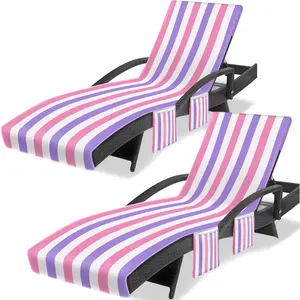 Lounge Chair Towel Cover, Beach Chair Towel (Pack of 2), Lounge Chair Towels with Fitted Top Pocket for Beach Pool Garden Courtyard Outdoor, 85 x 30 in,Striped   White