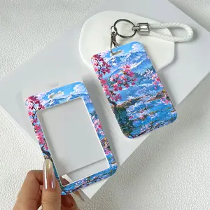 Cherry Blossom Mountain View Pattern Durable Plastic ID Badge Holder with Lanyard Slide Design for Cards Transparent Window Compatible with Credit, Metro, Bus Cards-Nurse, Doctor, Student Accessory Premium Decorative Badge