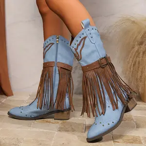 Women's mid-calf western cowboy boots with tassels, rivet and buckle details, pointed toe, medium block heel, zipper closure, light blue and brown colors, suitable for casual and semi-formal outfits, semi-formal footwear, durable f knee  high  heels